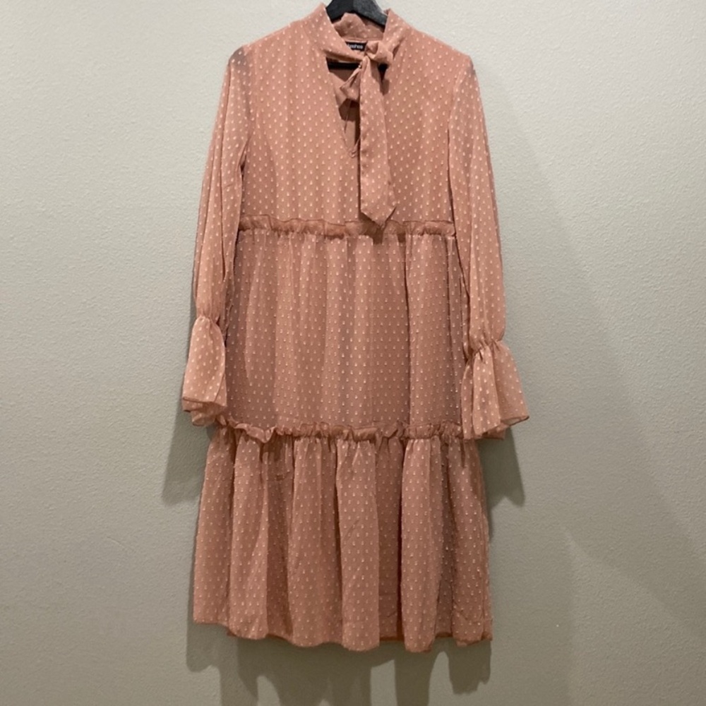 Boohoo Dusty Rose Long Sleeve Swiss Dot Midi Dress Size 6